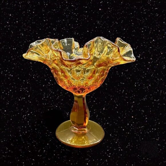 Fenton Amber Hobnail Ruffled Edge Compote Candy Dish Art Glass 6"T 5.5”W - Picture 3 of 14